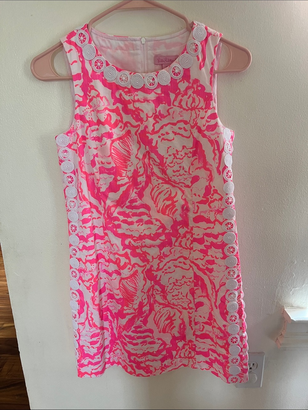 Lilly Pulitzer Hot Pink and White Sleeveless Shift Dress with Rosette Trim